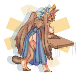 anthro avian bent_over big_breasts bird blush breasts digital_media_(artwork) digital_painting_(artwork) feathered_wings feathers female fluffy genitals gryphon hi_res looking_back mythological_avian mythology nipples owl pussy ribbons sarong side_boob sketch solo sona_(noxiis) sunhat togo-mimori wings