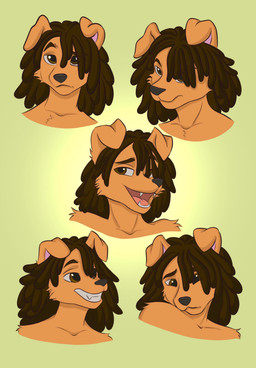 anthro confusion disappointed dreadlocks fur grin happy male smile solo teeth yellow_body yellow_fur beatrice_(artist) kiari_(palmtrees) potcake_dog hi_res