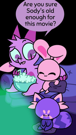 ambiguous_gender anthro big_ears black_eyes claw_fingers claws dialogue feral food fur green_light group humor inner_ear_fluff markings movie_night pie_cut_eyes pillow popcorn question_mark red_light speech_bubble tail tail_markings text trio tuft kyrakupetsky christina_vee_valenzuela_(va) dawn_m._bennett_(va) nate_charpentier_(va) chikn_nuggit mythology fwench_fwy_(chikn_nuggit) iscream_(chikn_nuggit) sody_pop_(chikn_nuggit) ailurid dragon lagomorph leporid mammal mythological_creature mythological_scalie rabbit red_panda scalie 2022 2d_animation 9:16 animated digital_media_(artwork) english_audio english_text hi_res short_playtime sound video voice_acted nonbinary_(lore)