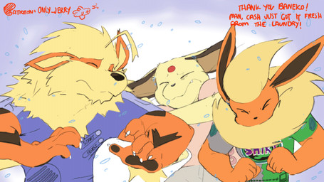5_fingers anthro claws clothed clothing fingers forehead_gem fur gem group male text trio wet wet_body wet_fur dahecksajerry nintendo pokemon booster_(dahecksajerry) cash_(dahecksajerry) samson_(dahecksajerry) arcanine canid canine eeveelution flareon generation_1_pokemon mammal persian_(pokemon) pokemon_(species) animated english_text hi_res