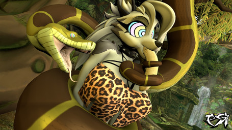 ambiguous_gender animal_print anthro banana big_breasts black_collar breasts brown_body brown_scales clothing coiling collar duo female feral food food_fetish forest fruit fur grey_body grey_fur grey_hair hair hypnosis leopard_print long_hair mind_control multicolored_body multicolored_fur multicolored_scales plant restrained ringed_eyes scales spiked_collar spikes suggestive suggestive_food topwear tree two_tone_body two_tone_fur two_tone_scales white_body white_fur yellow_body yellow_scales psikokinetic warfaremachine_(modeler) hellaverse helluva_boss mythology the_jungle_book kaa_(jungle_book) loona_(helluva_boss) canid canid_demon canine demon hellhound mammal mythological_canine mythological_creature reptile scalie snake 16:9 2025 3d_(artwork) digital_media_(artwork) hi_res source_filmmaker_(artwork) widescreen