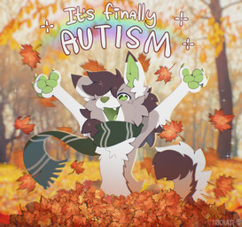 4_fingers ambiguous_gender anthro autism autumn brown_body brown_fur brown_hair claws cute_fangs day eyebrows fangs fingers fluffy fluffy_tail fur green_claws green_ears green_eyes green_mouth green_nose green_pawpads green_tongue hair handpaw inner_ear_fluff leaf mostly_nude multicolored_body multicolored_fur nature open_mouth outside pawpads paws plant playing scarf scarf_only solo tail tan_body tan_fur teeth text tongue tree tuft white_body white_fur trickate trickate_(trickate) canid canine canis domestic_dog herding_dog mammal pastoral_dog welsh_corgi 2025 absurd_res artist_name digital_media_(artwork) english_text hi_res shaded watermark