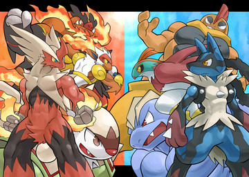 3_fingers abs ambiguous_gender angry anthro armor beak biceps black_body black_fur black_nose blue_body blue_eyes blue_fur brown_eyes claws fighting_pose fingers fire flaming_hair flaming_mane fur green_body green_fur grey_body grey_skin group muscular open_mouth orange_body orange_fur pose pseudo_hair pseudo_mane red_body red_eyes red_fur red_nose sharp_teeth slightly_chubby spikes tan_body tan_fur teeth white_body white_fur yellow_eyes kajipon nintendo pokemon avian bird canid canine chesnaught emboar generation_1_pokemon generation_4_pokemon generation_5_pokemon generation_6_pokemon haplorhine hawlucha humanoid infernape lizard machoke mammal mega_blaziken mega_evolution mega_lucario monkey pokemon_(species) primate reptile scalie scrafty suid suine sus_(pig) wild_boar 2014