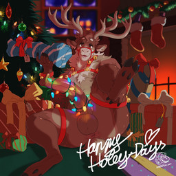 accessory anthro antlers anus balls bell bell_harness belly_nipples brown_body brown_fur christmas_tree fireplace fur genitals gift halter harness holding_gift holding_leg holding_object holidays hooves horn humanoid_genitalia humanoid_penis inside jingle_bell jingle_bell_harness long_penis looking_at_viewer male one_leg_up penis penis_accessory plant presenting raised_foot raised_leg sex_toy sitting smile solo string_lights tail text tree kaidzsu christmas deer mammal new_world_deer reindeer 2025 digital_media_(artwork) english_text hi_res watermark