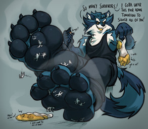 4_toes anthro barefoot black_clothing black_feet black_pawpads black_shirt black_topwear blue_body blue_fur bottomwear claws clothed clothing crushed_micros dialogue dirty extreme_size_difference feet foot_fetish foot_focus foot_play footwear fur group inside_clothing larger_anthro larger_male macro male male/male male_anthro micro musk pants pawpads paws plantigrade shirt simple_background sitting size_difference smelly smelly_feet sock_fetish socks soles stink_fumes stomping stuck_to_foot tail tank_top text toe_claws toes topwear trapped_in_clothing trapped_in_sock underfoot white_body yellow_eyes pozole canid canine canis mammal wolf english_text hi_res