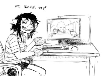 anthro chair computer computer_mouse dialogue electronics eyes_closed eyewear female first_person_shooter furniture gaming glasses grin on_chair playing_video_game sitting sitting_on_chair smile solo text hladilnik marylin_(hladilnik) american_opossum mammal marsupial virginia_opossum 2026 english_text hi_res monochrome