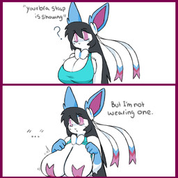 2_panel_comic anthro big_breasts black_hair blue_body blue_fur bow_(anatomy) breasts cleavage clothed clothing covered_nipples eyelashes female female_anthro fur gloves_(marking) hair markings multicolored_body multicolored_fur open_mouth pink_body pink_eyes pink_fur pointy_ears pokemorph presenting presenting_breasts question_mark raised_clothing raised_shirt raised_tank_top raised_topwear ribbons_(anatomy) shake_lines shirt solo tank_top text topwear white_body white_fur donedoggo bra_strap_showing_(meme) nintendo pokemon tess_(donedoggo) eeveelution generation_6_pokemon pokemon_(species) shiny_pokemon sylveon 1:1 2026 absurd_res digital_drawing_(artwork) digital_media_(artwork) english_text hi_res meme