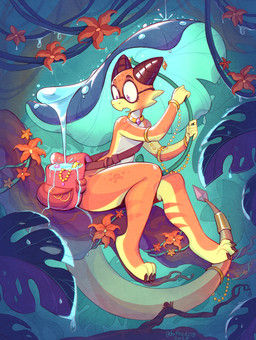 anthro backpack biped claws eyewear feet female forest glasses jungle plant purple_eyes solo tail toe_claws tree gobithedog amibo_(nevobaster) kobold scalie absurd_res hi_res