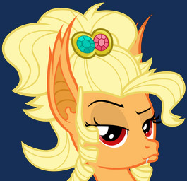 alternate_species bedroom_eyes blonde_hair cutie_mark drag_(fashion) drag_queen drill_curls duckface ear_tuft eyebrows eyelashes fangs female fur gem hair half-closed_eyes jewelry long_hair looking_at_viewer messy_hair narrowed_eyes orange_body orange_fur raised_eyebrow red_eyes seductive simple_background smile solo teeth transparent_background tuft magister39 friendship_is_magic hasbro my_little_pony apple_jewel_(mlp) appledrac applejack_(mlp) bat_pony earth_pony equid equine horse hybrid mammal pony vampire absurd_res alpha_channel digital_media_(artwork) headshot_portrait hi_res portrait