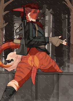 5_fingers ambiguous_gender andromorph animal_genitalia anthro anus background_shot backpack bodily_fluids boots boots_without_bottomwear bullpup_rifle butt cigarette cigarette_in_hand cigarette_smoke claws clothed clothing coat erection exhibitionism fence fingerless_gloves fingers footwear forest genital_fluids genital_slit genitals gloves grin grinning_at_viewer gun handwear harness intersex leaking_precum long_nails looking_at_viewer looking_back looking_back_at_viewer male male/ambiguous medial_ring outside pantsless pantsless_anthro penis plant precum precum_string raining ranged_weapon rifle shoes sling_(weapon) slit_penis smile smiling_at_viewer smoke smoke_from_nose solo solo_focus tapering_penis throbbing throbbing_penis topwear tree uniform wall_(structure) weapon yellow_eyes mertvykhcrows rorsch_(vernid) vernid animated hi_res