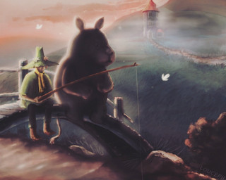 ambiguous_gender anthro backlighting black_clothing black_leggings black_legwear boots bridge brown_boots brown_clothing brown_footwear building clothed clothed_human clothed_male clothing duo fishing fishing_rod fog footwear green_clothing green_grass green_hat green_headwear green_topwear hat headgear headwear insect_wings leggings legwear lepidopteran_wings light male male_human path plant river rock scarf semi-anthro shoes shrub tail tail_tuft text topwear tower tuft white_wings wings yellow_scarf louceph the_moomins moomintroll snufkin ambient_arthropod ambient_butterfly ambient_insect human mammal moomin 2019 5:4 artist_name digital_media_(artwork) digital_painting_(artwork) hi_res lighting painting_(artwork)