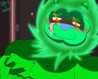 anthro blue_nose blush brown_eyes fur green_body green_fur green_hair hair male pec_grab pecs solo tongue tongue_out soul_d_raws souldi felid feline ghost lion mammal pantherine spirit 2026 digital_drawing_(artwork) digital_media_(artwork) hi_res meme