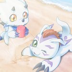 anthro beach bucket claws container duo feral fur green_eyes hair horn kerchief male one_eye_closed playing red_hair sand_castle sculpture seaside white_body white_fur wink yellow_eyes sansyonoki64 bandai_namco digimon digimon_(species) gammamon gomamon 1:1