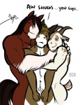 anthro ear_piercing group horn hug male manwiched muscular muscular_male piercing sandwiched smile bgn billy_(bgn) haw jeff_(bgn) asinus bovid caprine domestic_goat donkey draft_horse equid equine goat horse mammal 2015