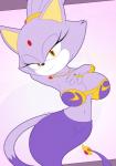 anthro areola big_breasts breasts clothed clothing eyelashes female fur hair happy huge_breasts purple_body purple_fur simple_background smile solo slickehedge sega sonic_the_hedgehog_(series) blaze_the_cat domestic_cat felid feline felis genie mammal hi_res