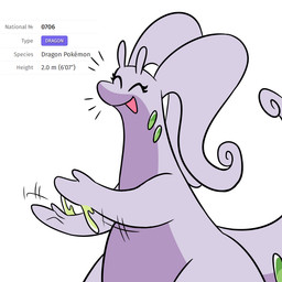 ambiguous_gender antennae_(anatomy) emanata eyelashes eyes_closed green_body motion_lines multicolored_body open_mouth purple_body slime solo tail text nerdyreindeer nintendo pokemon generation_6_pokemon goodra pokemon_(species) 1:1 2026 english_text