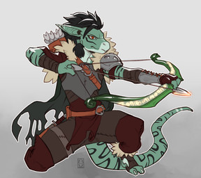 anthro armor arrow_(weapon) belt belt_buckle black_hair black_markings bottomwear bow_(weapon) breastplate buckle claws clothed clothing digitigrade fantasy_clothing fur_trim_(clothing) green_body hair holding_object holding_weapon lizard_tail long_ears male markings orange_eyes pants plate_armor quiver_(object) ranged_weapon sickle_claw simple_background solo tail tapering_tail toe_claws topwear weapon wraps faint leo_(maaarked_one) durachev lizard reptile scalie digital_media_(artwork)