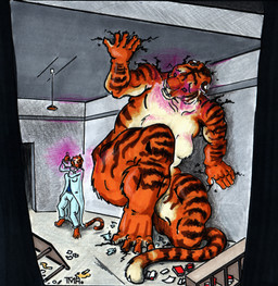 anthro breasts confusion duo featureless_breasts featureless_crotch female female/female glowing glowing_eyes growing laboratory laboratory_equipment larger_female macro mishap nude scientific_experiment scientific_instrument size_difference smaller_female thema felid mammal pantherine tiger 2024 colored hi_res marker_(artwork) traditional_media_(artwork)