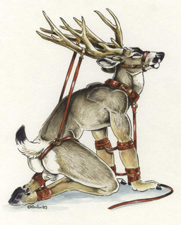 anthro antlers balls bdsm bondage bound collar genitals hooves horn leash male muzzle_(object) muzzled nude solo submissive submissive_male heather_bruton deer mammal 2003