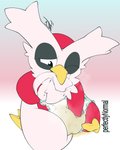 ambiguous_gender bite bodily_fluids clothed clothing diaper distressed genital_fluids leaking_diaper peeing simple_background solo tail tail_bite tail_in_mouth unclean_diaper urine used_diaper watersports wearing_diaper wet_diaper wetting perfectlynormal nintendo pokemon avian delibird generation_2_pokemon pokemon_(species) absurd_res hi_res