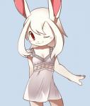 2017 anthro biped breasts claws clothed clothing digital_media_(artwork) dress female front_view fully_clothed fur grey_background grey_clothing grey_dress hair kemono lagomorph leporid long_ears looking_at_viewer mammal one_eye_closed pink_nose pinup pose rabbit red_eyes shaded simple_background small_breasts snout solo standing unrealplace white_body white_fur white_hair wink wusagi_(unrealplace) young young_anthro