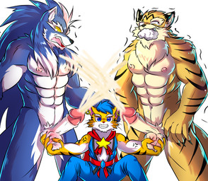 anthro anthro_on_anthro ballbusting ballbusting_induced_orgasm balls biped blue_body blue_eyes blue_fur blue_hair bodily_fluids claws cock_and_ball_torture countershade_fur countershade_torso countershading cum cumshot dipstick_ears ear_markings ear_piercing ear_ring ejaculation erection eyebrows foaming_at_mouth fur genital_fluids genital_torture genitals glans group hair hands-free humanoid_genitalia humanoid_penis interspecies male male/male multicolored_ears muscular muscular_anthro muscular_male penis piercing ring_piercing simple_background striped_body striped_fur stripes tail trio whiskers white_background zhuki_(artist) canid canine canis felid mammal pantherine tiger wolf hi_res