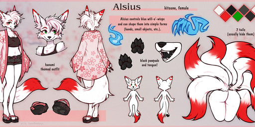 7_tails anthro asian_clothing bottomwear clothing crop_top dipstick_tail east_asian_clothing fangs female fluffy hair haori japanese_clothing magic_hands markings multi_tail open_mouth pawpads red_tail_tip shirt short_hair shorts smile solo tail tail_markings teeth text topwear lonerdemiurge canid canine fox mammal will-o'-the-wisp english_text hi_res model_sheet