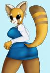 anthro big_breasts bottomwear breasts clothing collar_shirt costume curvy_figure female happy legwear looking_at_viewer miniskirt office_outfit open_mouth pencil_skirt simple_background skirt solo stockings voluptuous neronova aggretsuko sanrio retsuko ailurid mammal red_panda hi_res