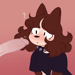 anthro big_penis blush collar duo female genitals huge_penis humor looking_at_genitalia looking_at_penis male male/female penis penis_in_face question_mark studded_collar studs wonderslug mythology pepper_(wonderslug) canid canine human mammal mythological_canine mythological_creature werecanid werecanine werecreature werewolf