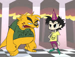 ambiguous_gender ambiguous_human anthro black_eyebrows black_eyes black_hair black_nose black_text blinking bodily_fluids bottomless bottomless_anthro bottomwear checkered checkered_floor cheek_markings clothed clothed_ambiguous clothed_human clothing crying dunce_cap duo eyebrows facial_markings fangs footwear freckled_face freckles fur green_clothing green_footwear green_shirt green_shoes green_topwear hair hand_on_hip hand_on_own_hip hat head_markings headgear headwear larger_anthro looking_at_another looking_at_viewer male male_anthro markings narrowed_eyes orange_body orange_ears orange_fur orange_hair orange_tail pants pink_tongue purple_bottomwear purple_clothing purple_headgear purple_headwear purple_pants shirt shoes sitting size_difference smaller_human smug_eyes smug_face standing tail talking_to_another tears teeth text text_on_clothing text_on_headgear text_on_headwear text_on_shirt text_on_topwear thick_eyebrows tongue topwear yellow_clothing yellow_shirt yellow_text yellow_topwear stingercorps chief_(zonkpunch) human mammal mustelid otter 2023 2d_animation 4:3 animated artist_name digital_media_(artwork) frame_by_frame short_playtime sound voice_acted watermark webm
