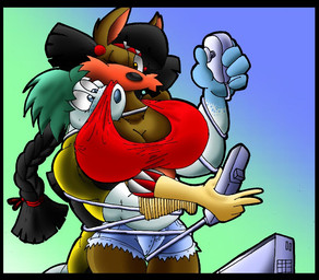 anthro big_breasts black_hair blue_eyes bottomwear breasts brown_body brown_fur clothing controller crop_top duo electronics female fur game_console game_controller hair headgear headwear male muscular muscular_anthro muscular_male nintendo_controller one_eye_closed shirt shorts teal_hair topwear wii_remote virus-20 nintendo wii june_coyote travis_seal aquatic canid canine canis coyote mammal pinniped seal 2009 digital_media_(artwork)