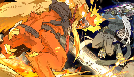 anthro black_body black_fur blonde_hair claws duo fight fire fur greatsword hair male melee_weapon muscular muscular_anthro muscular_male orange_body orange_fur sword weapon white_hair guil87645127 bandai_namco digimon digimon_beatbreak digimon_(species) flaremon murasamemon hi_res