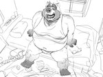 anthro asian_clothing bed belly big_belly bulge clothing east_asian_clothing eyes_closed eyewear fundoshi furniture glasses humanoid_hands inside japanese_clothing kemono male navel open_mouth overweight overweight_male sitting solo underwear yawn yamakake canid canine mammal raccoon_dog tanuki 2022 monochrome