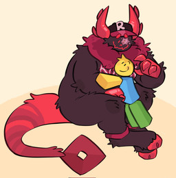 2_horns 4_fingers ambiguous_gender anthro big_tail brown_body brown_fur clothed clothed_male clothing duo eye_scar facial_scar fingers fur hat hat_only headgear headgear_only headwear headwear_only hooves horn hug looking_at_another looking_at_partner male male/ambiguous mostly_nude multicolored_body multicolored_fur neck_tuft scar size_difference smile tail tuft two_tone_body two_tone_fur unguligrade koi_567 forsaken_(roblox) roblox guest_666_(forsaken) noob_(forsaken) noob_(roblox) demon human mammal robloxian unknown_species 2025 full-length_portrait hi_res portrait nonbinary_(lore)