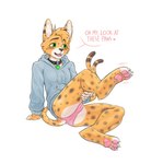 andromorph anthro camel_toe claws clothed clothing collar dialogue fur green_eyes hoodie intersex panties partially_clothed pawpads pink_pawpads solo topwear underwear yellow_body yellow_fur odd_lee0 leo_(cosmicservalleo) felid feline mammal serval hi_res