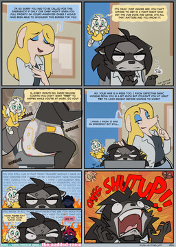anthro asylum diaper diaper_under_clothing duo female hospital medical shoulder_angel shoulder_devil text yelling the_padded_room esmeralda_kingsley ludivine_laminelle canid canine mammal procyonid raccoon absurd_res comic english_text hi_res