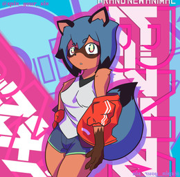 anthro black_highlights blue_hair bottomwear breasts brown_body brown_fur claws clothed clothing dipstick_tail facial_markings female fur gloves_(marking) hair head_markings highlights_(coloring) jacket logo_background looking_at_viewer markings mask_(marking) medium_breasts nipple_outline off_shoulder shorts simple_background solo standing tail tail_markings text topwear spin_your_sin brand_new_animal studio_trigger michiru_kagemori canid canine mammal raccoon_dog tanuki 2020 absurd_res artist_name digital_media_(artwork) hi_res portrait three-quarter_portrait