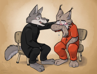 3_toes 4_fingers anthro blush bodily_fluids chair cheek_tuft claws confession consolation crying duo ear_tips facial_tuft feet fingers fluffy_ears forgiveness fur furniture grey_body grey_fur male male/male mature_male multicolored_body multicolored_fur priest priest_robes prison prison_suit regret religion sitting spots tail tears toe_claws toes tuft whiskers adriano_berjillos catholicism christianity disney zootopia pawbert_lynxley canada_lynx canid canine canis felid feline lynx mammal wolf