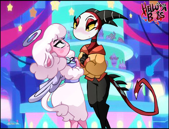 anthro blue_eyes blush breasts claws clothed clothing cross detailed_background duo fangs female female/female fluffy fluffy_tail fur hair halo horn interspecies love red_body red_eyes smile tail teeth tongue white_body white_fur white_hair wings haraajubilee hellaverse helluva_boss lithe_(helluva_boss) rachel_(helluva_boss) angel bovid caprine cherub demon humanoid imp mammal sheep
