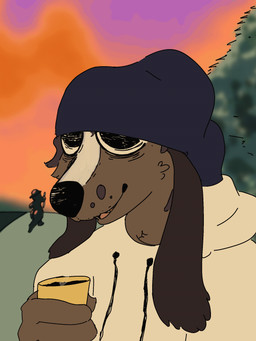 ambiguous_gender anthro beanie beverage big_butt big_eyes butt clothing coffee dialogue eye_bags female hat headgear headwear holding_object hoodie long_ears simple_background solo teeth tongue topwear smolt background_character canid mammal animated hi_res
