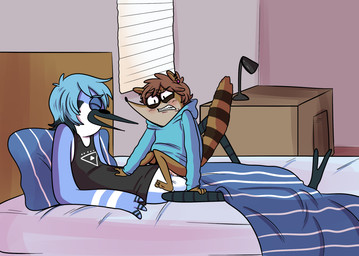2_toes 3_toes anal anal_penetration anthro avian_feet balls beak bed bottomless clothed clothing duo feet furniture genitals male male/male male_penetrated male_penetrating male_penetrating_male penetration penis sex toes babynarwhal cartoon_network regular_show mordecai_(regular_show) rigby_(regular_show) avian bird blue_jay corvid jay_(bird) mammal new_world_jay oscine passerine procyonid raccoon source_request
