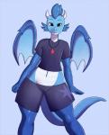 2016 anthro blue_body clothed clothing dragon hi_res horn jewelry looking_at_viewer male membrane_(anatomy) membranous_wings midriff mythological_creature mythological_scalie mythology navel necklace scalie simple_background solo somescrub tail wings