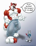 3_toes 4_fingers abs anthro barefoot beard biceps big_muscles biped black_nose blue_clothing blue_shirt blue_topwear bottomless bottomless_anthro bottomless_male bottomwear brown_beard brown_eyebrows brown_facial_hair brown_hair bulge claws clothed clothed_anthro clothed_male clothing copyright_symbol countershade_face countershade_feet countershade_fur countershade_torso countershading deltoids dialogue dipstick_ears duo ear_markings ear_piercing ear_ring ear_stud extreme_size_difference eyebrows facial_hair featureless_chest feet finger_claws fingers food fur gradient_background grey_background grey_body grey_fur hair hand_on_hip holding_food holding_object holding_sausage humanoid_hands larger_anthro larger_male looking_down_at_another looking_up_at_another male male_anthro meat monotone_tail multicolored_body multicolored_ears multicolored_fur muscle_size_difference muscular muscular_anthro muscular_male open_clothing open_mouth open_shirt open_smile open_topwear pants pecs piercing pink_inner_ear plantigrade red_body red_fur ring_piercing rolled_up_sleeves sausage shirt shirt_only simple_background size_difference smaller_anthro smaller_male smile smiling_at_another speech_bubble standing symbol tail text toe_claws toes topless topless_anthro topless_male topwear topwear_only two_tone_body two_tone_fur two_tone_tail whisker_spots white_background white_body white_claws white_countershading white_eyebrows white_finger_claws white_fur white_inner_ear white_toe_claws teaselbone beef_stroganov teaselbone_(character) canid canine canis domestic_dog husky hybrid mammal nordic_sled_dog spitz wolf wolfdog 2007 artist_name character_name copyright_name digital_drawing_(artwork) digital_media_(artwork) english_text shaded