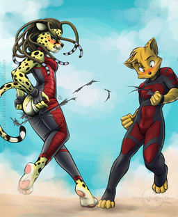 4_toes anthro barefoot blush butt clothing dreadlocks duo feet female footwear legwear male pawpads pink_pawpads socks soles superhero tail toeless_footwear toeless_socks toes torn_clothing wardrobe_malfunction abluedeer draegwolf extinctioners streak_(character) cheetah domestic_cat felid feline felis mammal 2010 digital_media_(artwork) hi_res shaded watermark