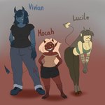 big_breasts bottomwear breasts butt cleavage clothed clothing female group hair horn looking_at_viewer mocah short_stack simple_background size_difference smile text thick_thighs topwear trio vivian_(blackbetty) wide_hips blackbetty lucile_(blackbetty) demon humanoid imp 1:1 hi_res