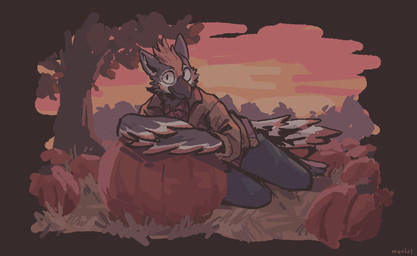 anthro autumn avian_feet bottomwear clothing denim denim_bottomwear denim_clothing falling_leaves feathered_wings feathers jeans looking_at_viewer lying_on_ground male on_ground pants pumpkin_patch solo sunset wings mawfulme avian bird falcon falconid hi_res