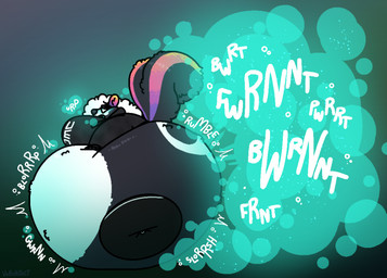 belly belly_expansion black_body black_fur black_tail bloated blue_fart_cloud breasts burp_cloud burping expansion fart fart_cloud fart_fetish fur onomatopoeia sound_effects tail text white_body white_fur daebelly dae_(daebelly) mammal mephitid skunk 2025 hi_res