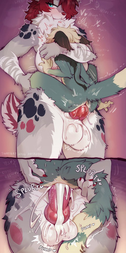 anal anal_penetration animal_genitalia animal_penis anthro areola balls biped blue_body blue_eyes blue_fur bodily_fluids breasts butt canine_genitalia canine_penis cum cum_in_ass cum_inside cum_on_balls cum_on_body cum_on_butt cum_on_leg duo erection fur genital_fluids genitals grey_body grey_fur gynomorph gynomorph/male gynomorph_penetrating gynomorph_penetrating_male hair heart_symbol intersex intersex/male intersex_penetrating intersex_penetrating_male knot knotted_penis larger_gynomorph larger_intersex male male_penetrated nipples penetration penile penile_penetration penis penis_in_ass piercing pupils red_hair sex size_difference smaller_male smaller_penetrated spots standing standing_sex text white_body white_fur wide_hips swaybat swaybat_(oc) zil_(swaybat) felid feline mammal hi_res