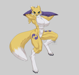 4_fingers abs anthro arm_tuft armwear biceps big_breasts black_body black_claws black_lips black_nose black_pawpads black_sclera bodily_fluids breasts bridal_gauntlets cheek_tuft claws clothing countershade_torso countershading crying double_tomoe eyebrows eyelashes eyeliner facial_tuft female fingers fur fur_markings grey_background hand_on_head huge_breasts leg_markings lips logo long_ears long_tail looking_at_viewer makeup markings muscular muscular_female navel neck_tuft nipple_outline pawpads pose purple_body purple_clothing purple_fur running_makeup shoulder_tuft simple_background solo tail tears text thick_thighs thigh_markings tomoe_(symbol) tuft white_body white_countershading white_fur yellow_body yellow_fur blackvulp bandai_namco digimon canid digimon_(species) mammal renamon artist_logo artist_name colored digital_drawing_(artwork) digital_media_(artwork) hi_res shaded
