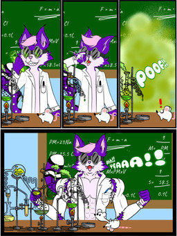 4_panel_comic alchemist anthro body_size_growth chalkboard clothed clothing coat detailed_background drinking drinking_potion exclamation_point eyewear eyewear_on_head furniture goggles goggles_on_head green_smoke grin growth hair holding_object inner_ear_fluff lab_coat laboratory laboratory_equipment laboratory_glassware magic male math muscle_growth muscular muscular_male onomatopoeia open_mouth pink_body pink_hair potion purple_body purple_ears purple_nose scientific_instrument size_transformation smile smoke solo sound_effects table tail teeth teeth_showing test_tube text topwear torn_clothing transformation tuft morzu_zary felid feline lynx mammal absurd_res comic hi_res